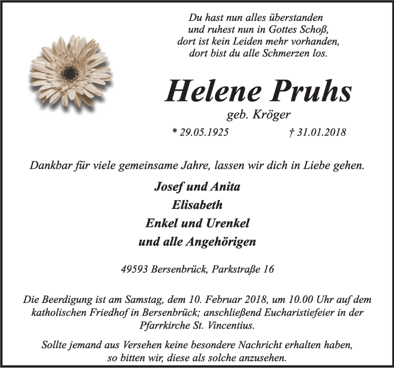  Traueranzeige für Helene Pruhs vom 06.02.2018 aus Neue Osnabrücker Zeitung GmbH & Co. KG