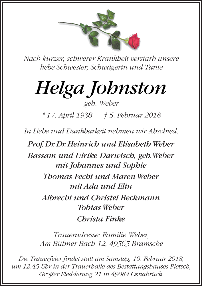  Traueranzeige für Helga Johnston vom 07.02.2018 aus Neue Osnabrücker Zeitung GmbH & Co. KG