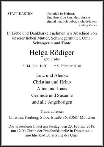 Traueranzeige von Helga Rödiger von Neue Osnabrücker Zeitung GmbH & Co. KG