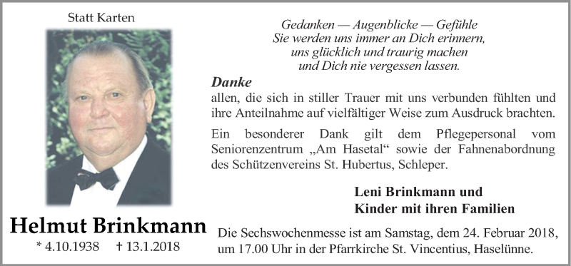  Traueranzeige für Helmut Brinkmann vom 20.02.2018 aus Neue Osnabrücker Zeitung GmbH & Co. KG