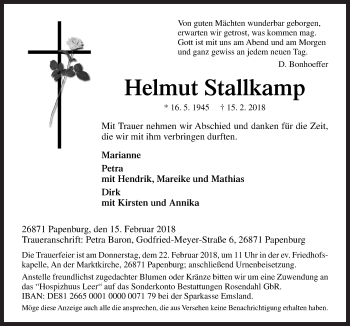 Traueranzeige von Helmut Stallkamp von Neue Osnabrücker Zeitung GmbH & Co. KG