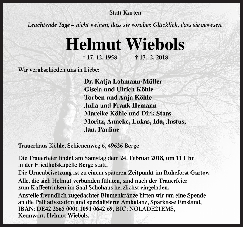  Traueranzeige für Helmut Wiebols vom 21.02.2018 aus Neue Osnabrücker Zeitung GmbH & Co. KG