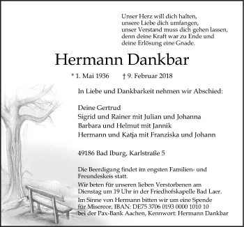 Traueranzeige von Hermann Dankbar von Neue Osnabrücker Zeitung GmbH & Co. KG