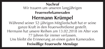Traueranzeige von Hermann Krümpel von Neue Osnabrücker Zeitung GmbH & Co. KG