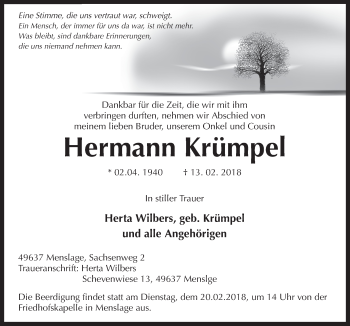 Traueranzeige von Hermann Krümpel von Neue Osnabrücker Zeitung GmbH & Co. KG