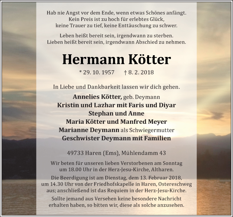  Traueranzeige für Hermann Kötter vom 10.02.2018 aus Neue Osnabrücker Zeitung GmbH & Co. KG