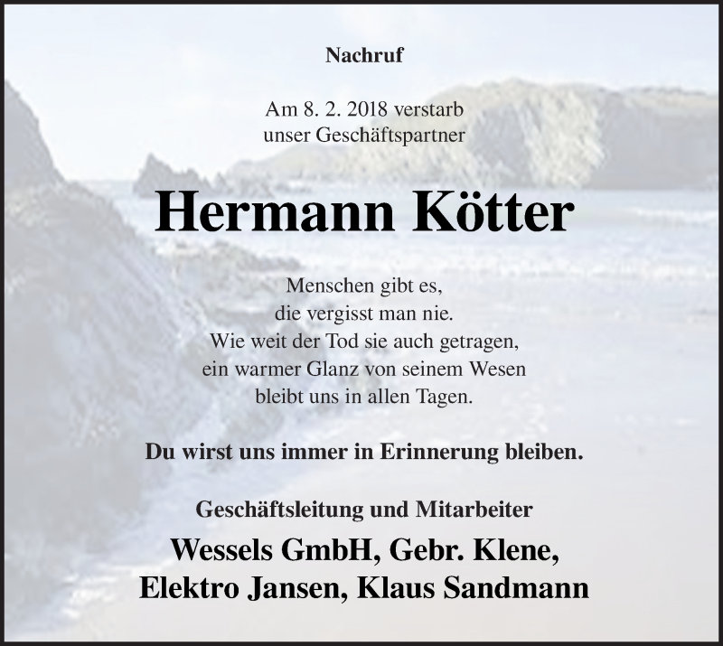  Traueranzeige für Hermann Kötter vom 14.02.2018 aus Neue Osnabrücker Zeitung GmbH & Co. KG