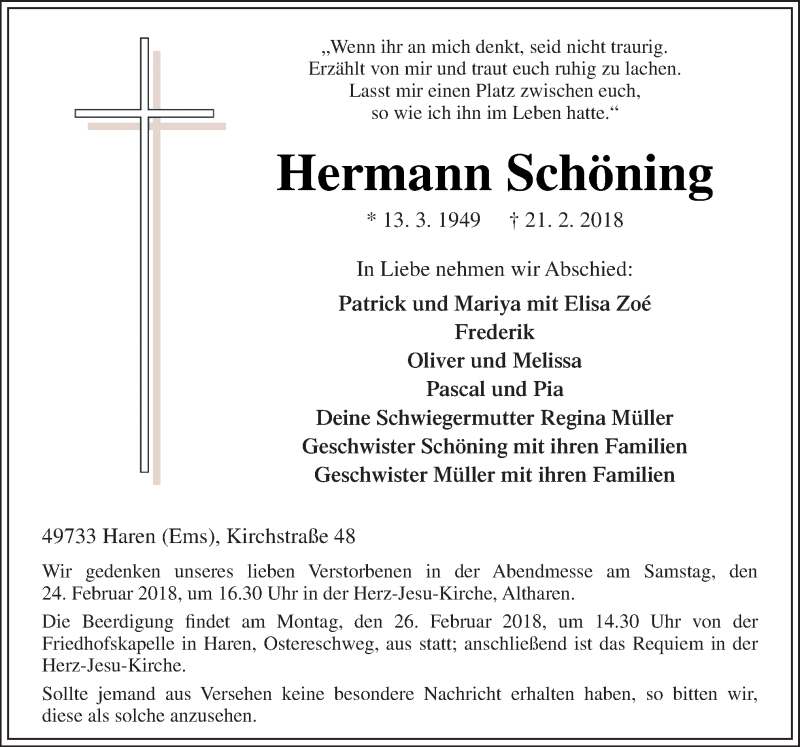 Traueranzeige für Hermann Schöning vom 23.02.2018 aus Neue Osnabrücker Zeitung GmbH & Co. KG
