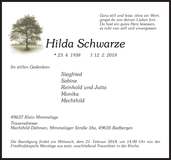Traueranzeige von Hilda Schwarze von Neue Osnabrücker Zeitung GmbH & Co. KG