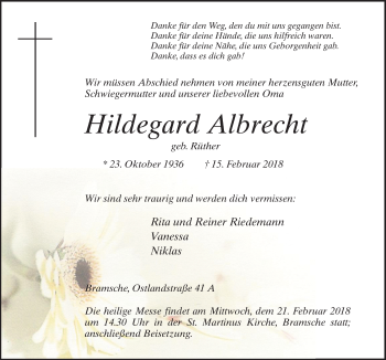 Traueranzeige von Hildegard Albrecht von Neue Osnabrücker Zeitung GmbH & Co. KG