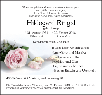 Traueranzeige von Hildegard Ringel von Neue Osnabrücker Zeitung GmbH & Co. KG