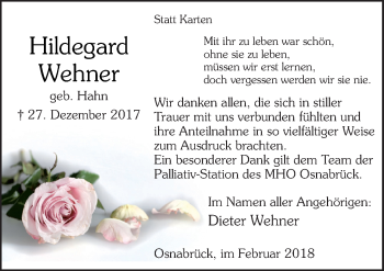 Traueranzeige von Hildegard Wehner von Neue Osnabrücker Zeitung GmbH & Co. KG