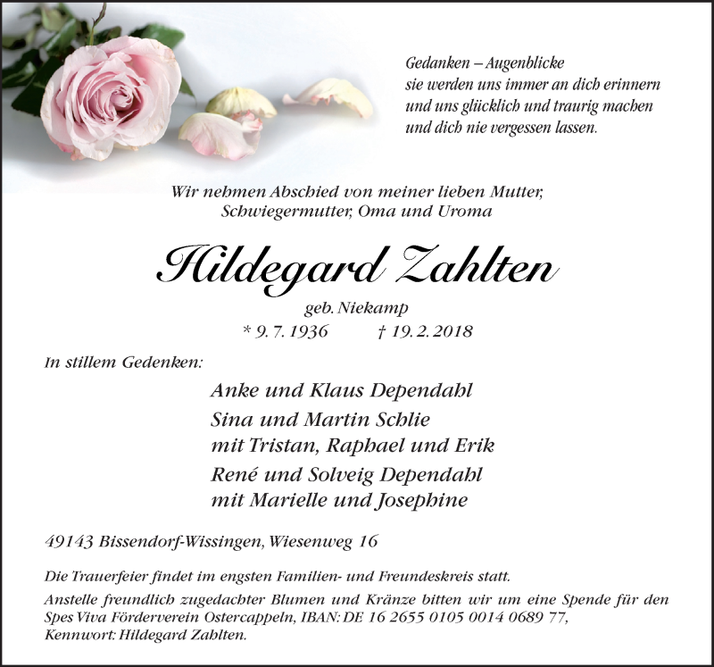  Traueranzeige für Hildegard Zahlten vom 21.02.2018 aus Neue Osnabrücker Zeitung GmbH & Co. KG