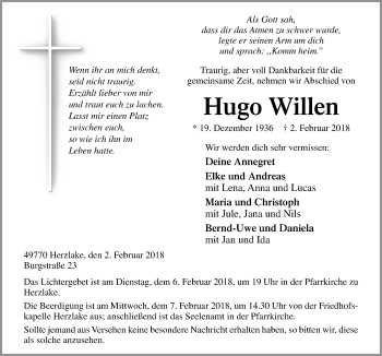 Traueranzeige von Hugo Willen von Neue Osnabrücker Zeitung GmbH & Co. KG