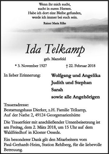 Traueranzeige von Ida Telkamp von Neue Osnabrücker Zeitung GmbH & Co. KG