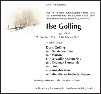 Traueranzeige von Ilse Golling von Neue Osnabrücker Zeitung GmbH & Co. KG