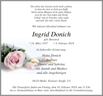 Traueranzeige von Ingrid Donich von Neue Osnabrücker Zeitung GmbH & Co. KG