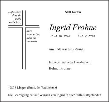 Traueranzeige von Ingrid Frohne von Neue Osnabrücker Zeitung GmbH & Co. KG