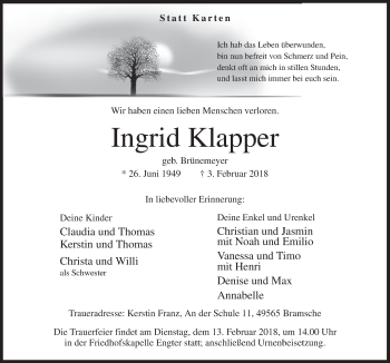 Traueranzeige von Ingrid Klapper von Neue Osnabrücker Zeitung GmbH & Co. KG