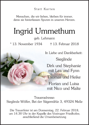 Traueranzeige von Ingrid Ummethum von Neue Osnabrücker Zeitung GmbH & Co. KG