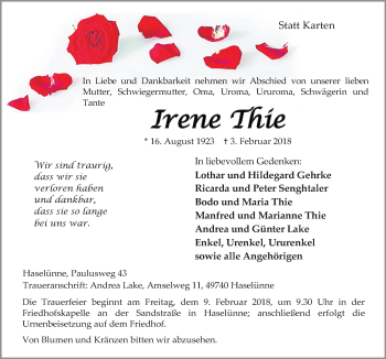 Traueranzeige von Irene Thie von Neue Osnabrücker Zeitung GmbH & Co. KG