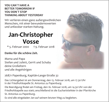 Traueranzeige von Jan-Christopher Vosse von Neue Osnabrücker Zeitung GmbH & Co. KG