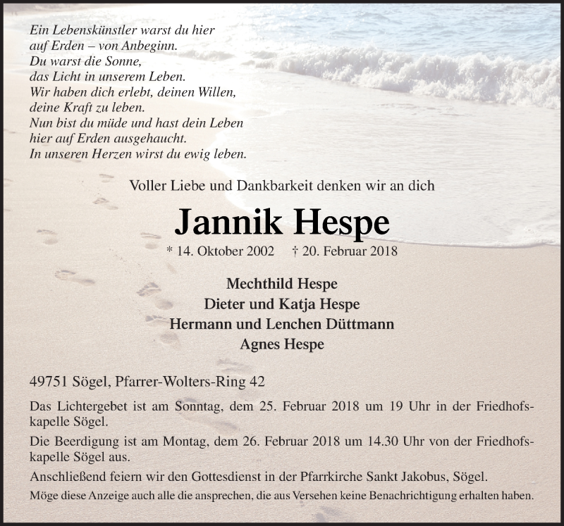  Traueranzeige für Jannik Hespe vom 23.02.2018 aus Neue Osnabrücker Zeitung GmbH & Co. KG