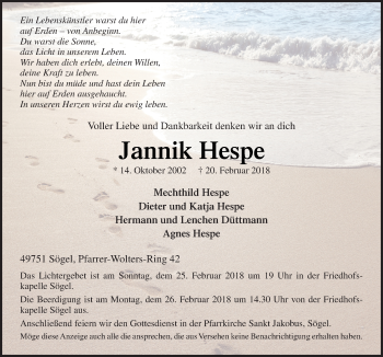 Traueranzeige von Jannik Hespe von Neue Osnabrücker Zeitung GmbH & Co. KG