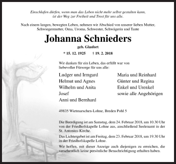 Traueranzeige von Johanna Schnieders von Neue Osnabrücker Zeitung GmbH & Co. KG