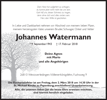 Traueranzeige von Johannes Watermann von Neue Osnabrücker Zeitung GmbH & Co. KG