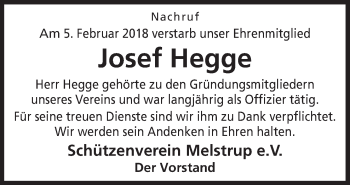 Traueranzeige von Josef Hegge von Neue Osnabrücker Zeitung GmbH & Co. KG