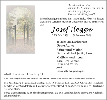 Traueranzeige von Josef Hegge von Neue Osnabrücker Zeitung GmbH & Co. KG