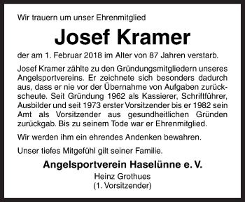 Traueranzeige von Josef Kramer von Neue Osnabrücker Zeitung GmbH & Co. KG