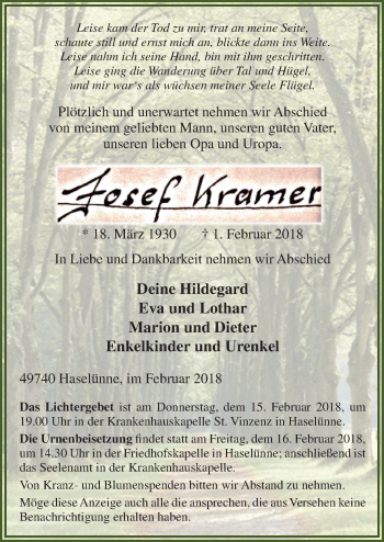 Traueranzeige von Josef Kramer von Neue Osnabrücker Zeitung GmbH & Co. KG