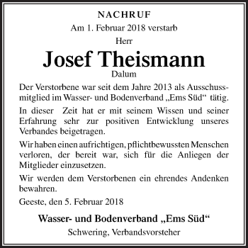 Traueranzeige von Josef Theismann von Neue Osnabrücker Zeitung GmbH & Co. KG