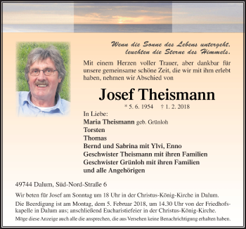 Traueranzeige von Josef Theismann von Neue Osnabrücker Zeitung GmbH & Co. KG