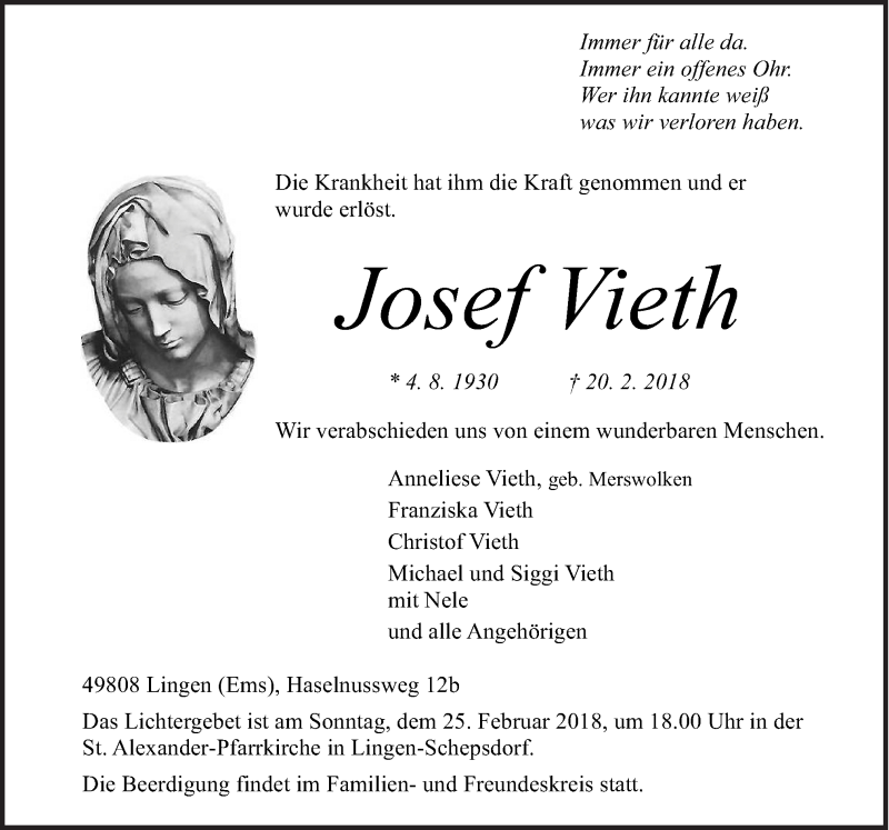  Traueranzeige für Josef Vieth vom 23.02.2018 aus Neue Osnabrücker Zeitung GmbH & Co. KG