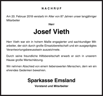 Traueranzeige von Josef Vieth von Neue Osnabrücker Zeitung GmbH & Co. KG