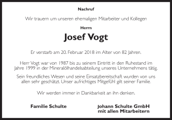 Traueranzeige von Josef Vogt von Neue Osnabrücker Zeitung GmbH & Co. KG