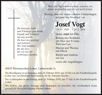 Traueranzeige von Josef Vogt von Neue Osnabrücker Zeitung GmbH & Co. KG