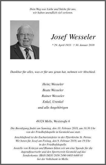 Traueranzeige von Josef Wesseler von Neue Osnabrücker Zeitung GmbH & Co. KG