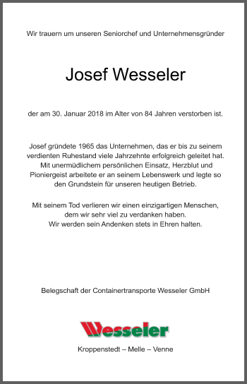 Traueranzeige von Josef Wesseler von Neue Osnabrücker Zeitung GmbH & Co. KG