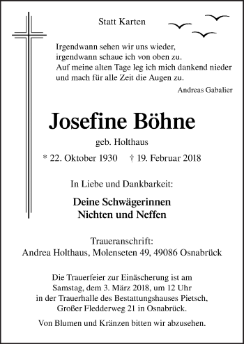 Traueranzeige von Josefine Böhne von Neue Osnabrücker Zeitung GmbH & Co. KG