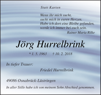 Traueranzeige von Jörg Hurrelbrink von Neue Osnabrücker Zeitung GmbH & Co. KG
