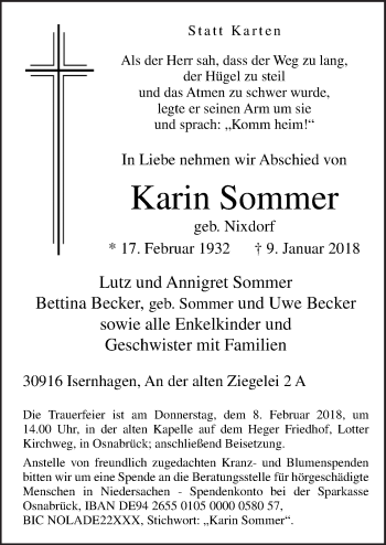 Traueranzeige von Karin Sommer von Neue Osnabrücker Zeitung GmbH & Co. KG