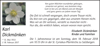 Traueranzeige von Karl Dickmänken von Neue Osnabrücker Zeitung GmbH & Co. KG