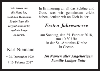 Traueranzeige von Karl Niemann von Neue Osnabrücker Zeitung GmbH & Co. KG