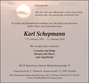 Traueranzeige von Karl Schepmann von Neue Osnabrücker Zeitung GmbH & Co. KG