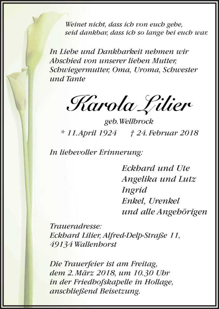  Traueranzeige für Karola Lilier vom 27.02.2018 aus Neue Osnabrücker Zeitung GmbH & Co. KG