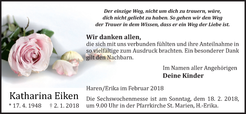  Traueranzeige für Katharina Eiken vom 15.02.2018 aus Neue Osnabrücker Zeitung GmbH & Co. KG